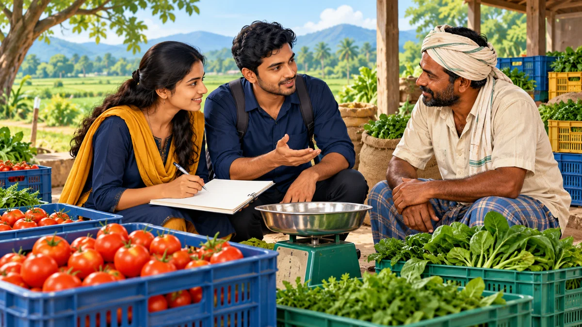 Representative illustration of agriculture students and a farmer discussing a produce-related business idea