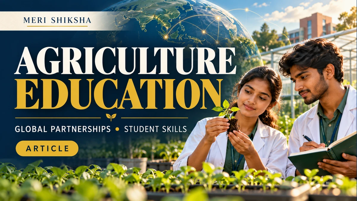 Editorial graphic showing agriculture students with a seedling and a global research network