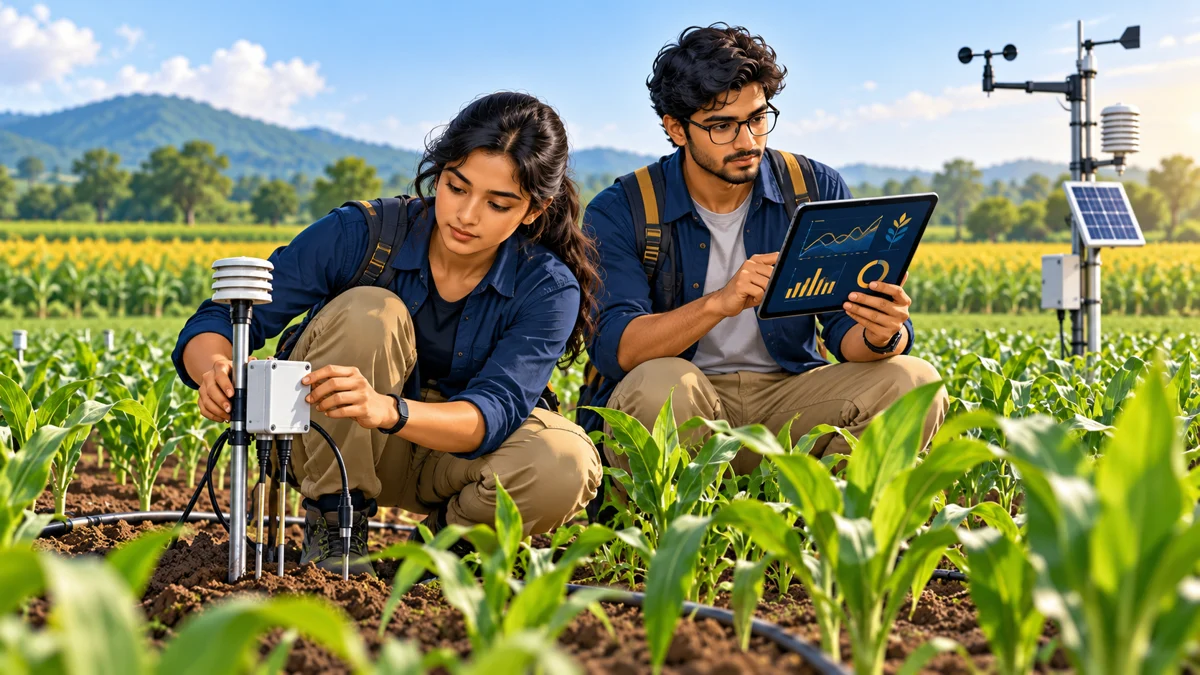 Illustration of computing students using a soil sensor and tablet in an agricultural research field