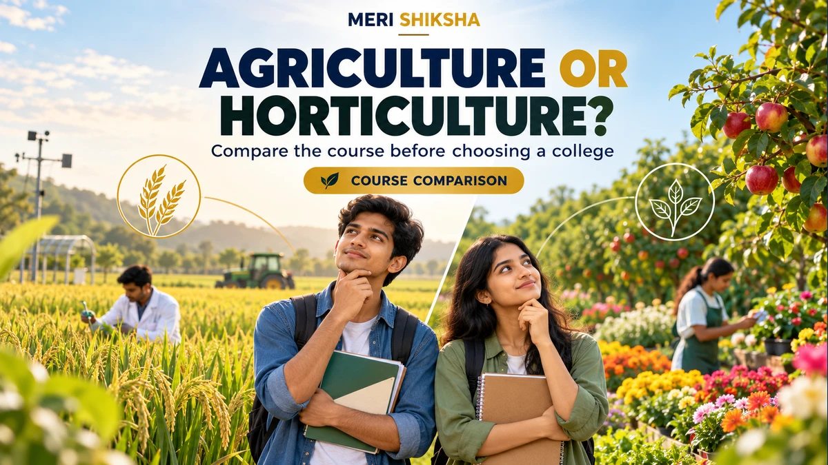Representative comparison graphic showing crop research fields and an orchard with agriculture students