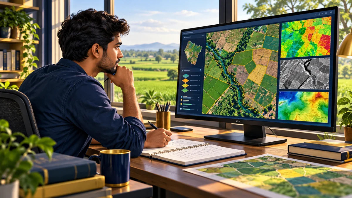 Representative illustration of an agriculture student analysing field maps and satellite layers on a monitor
