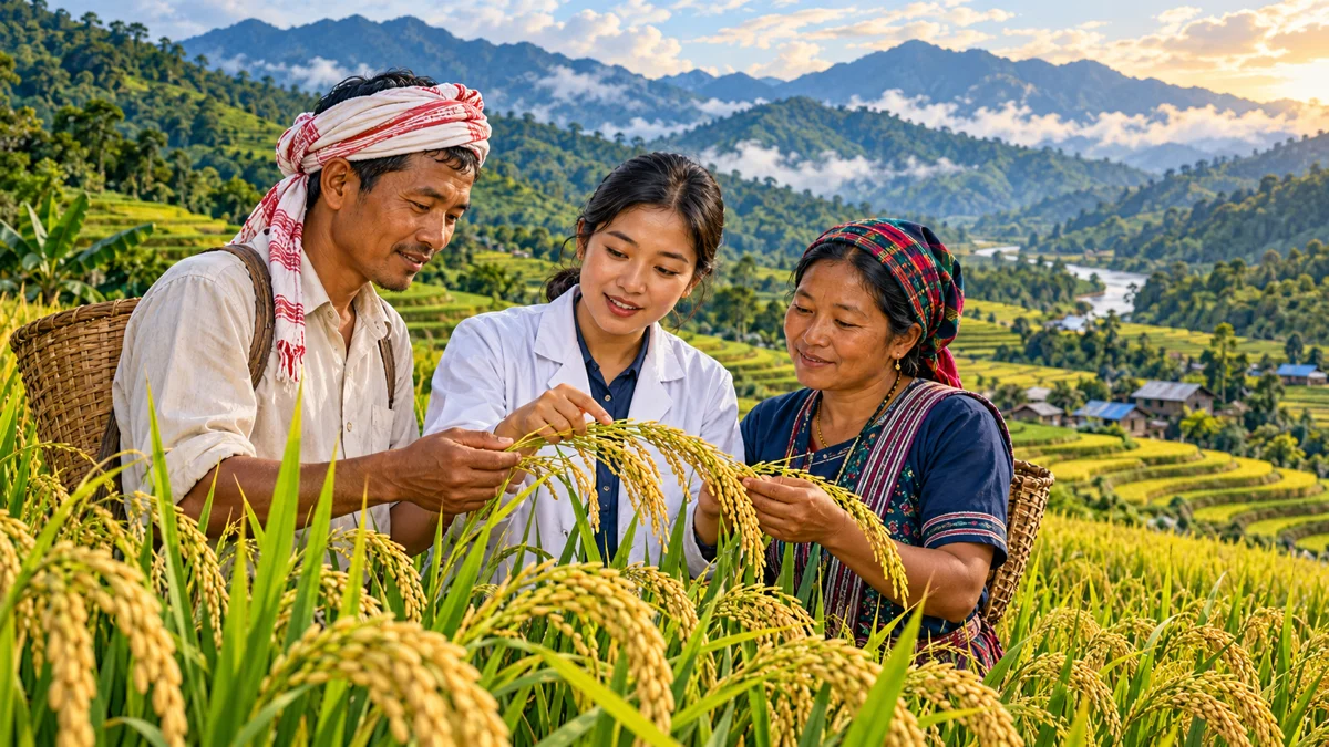 Representative illustration of a scientist and farmers examining rice panicles in a northeast Indian paddy field