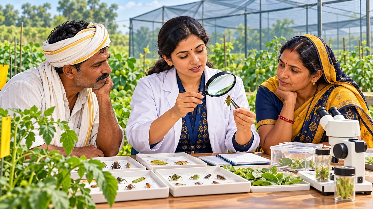Representative illustration of an extension scientist explaining insect specimens to adult farmers
