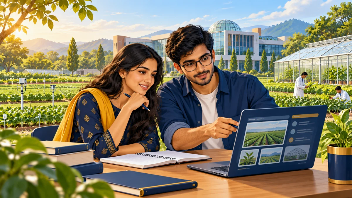 Illustration of agriculture graduates comparing university options beside research fields