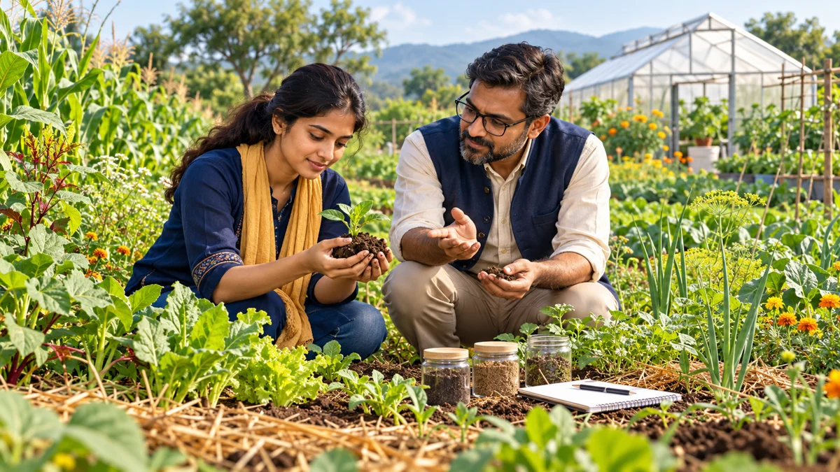 Illustration of an agriculture student and mentor examining soil in a mixed-crop research field