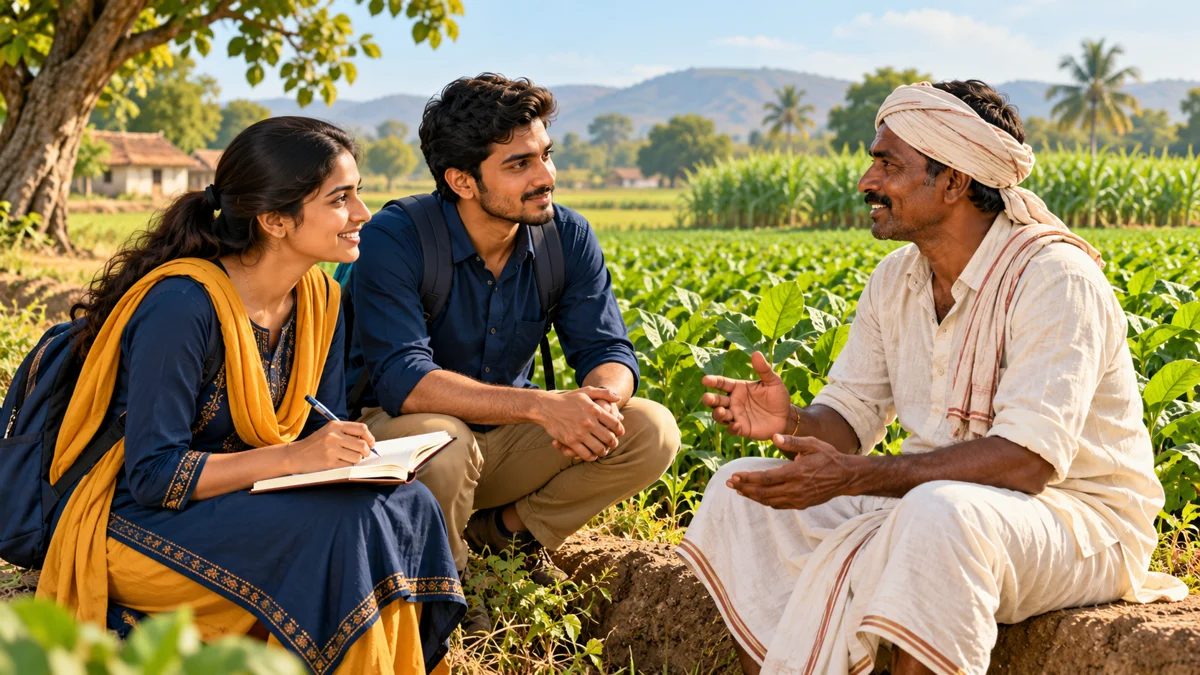 Representative illustration of agriculture students taking field notes during a conversation with a farmer