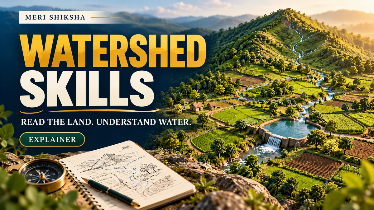 Illustrated farm watershed showing slopes, drainage, cultivated land and a small water storage structure