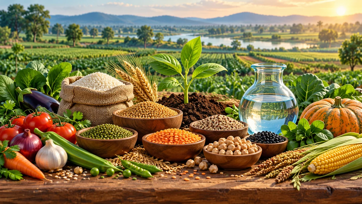 Representative illustration of grains, pulses, vegetables, a seedling and water symbolising agricultural food systems